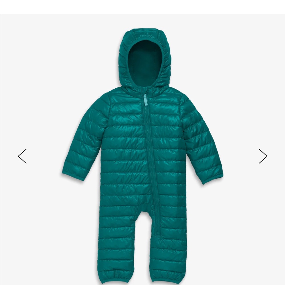 Primary Teal Puffer Hooded Baby Snowsuit Coverall Size 6-12mo